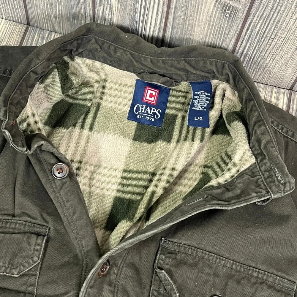 Chaps Shacket Men L Green Fleece Lined Cotton Canvas Workwear Chore Jacket